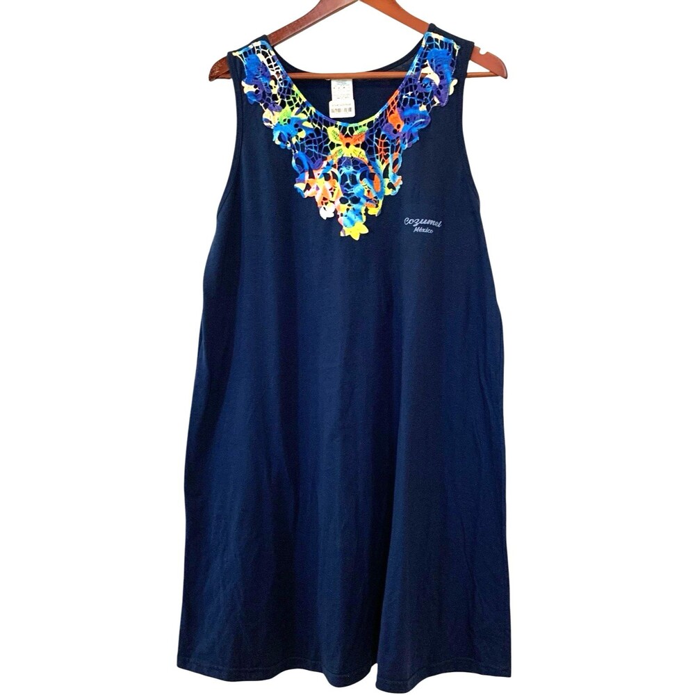 Cozumel Mexico Popover Dress Xl Navy Blue Embroidered Neckline Resort Wear